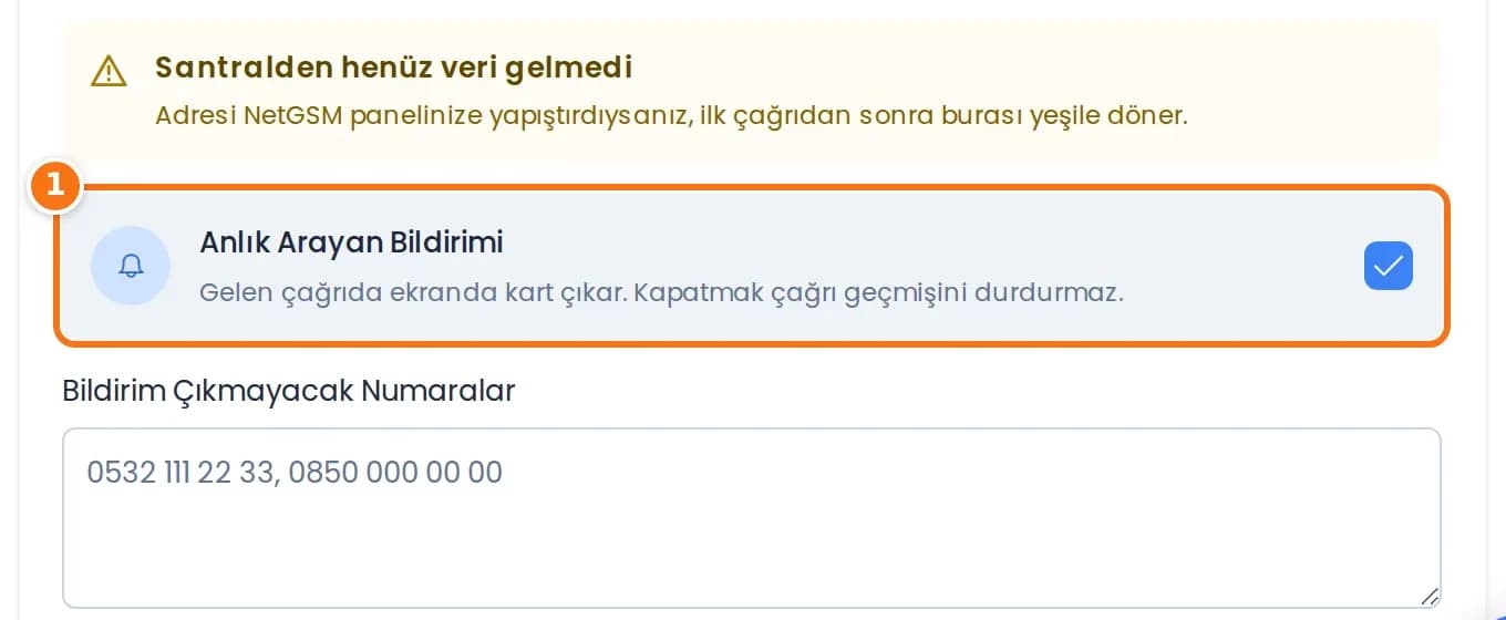 Eymex panelinde NetGSM santral ayarı: Anlık Arayan Bildirimi ve Bildirim Çıkmayacak Numaralar