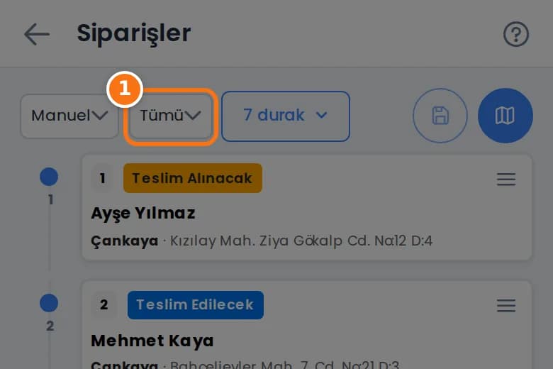 Eymex servis turu: Teslim Alınacak ve Teslim Edilecek siparişler aynı listede, üstte sıralama ve süzgeç