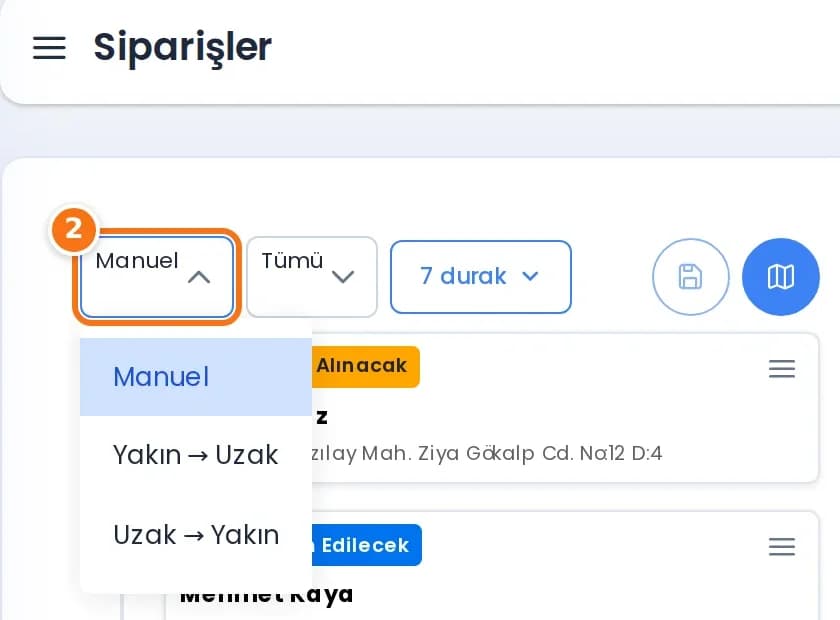 Eymex servis turu sıralama seçenekleri: Manuel, Yakın → Uzak, Uzak → Yakın