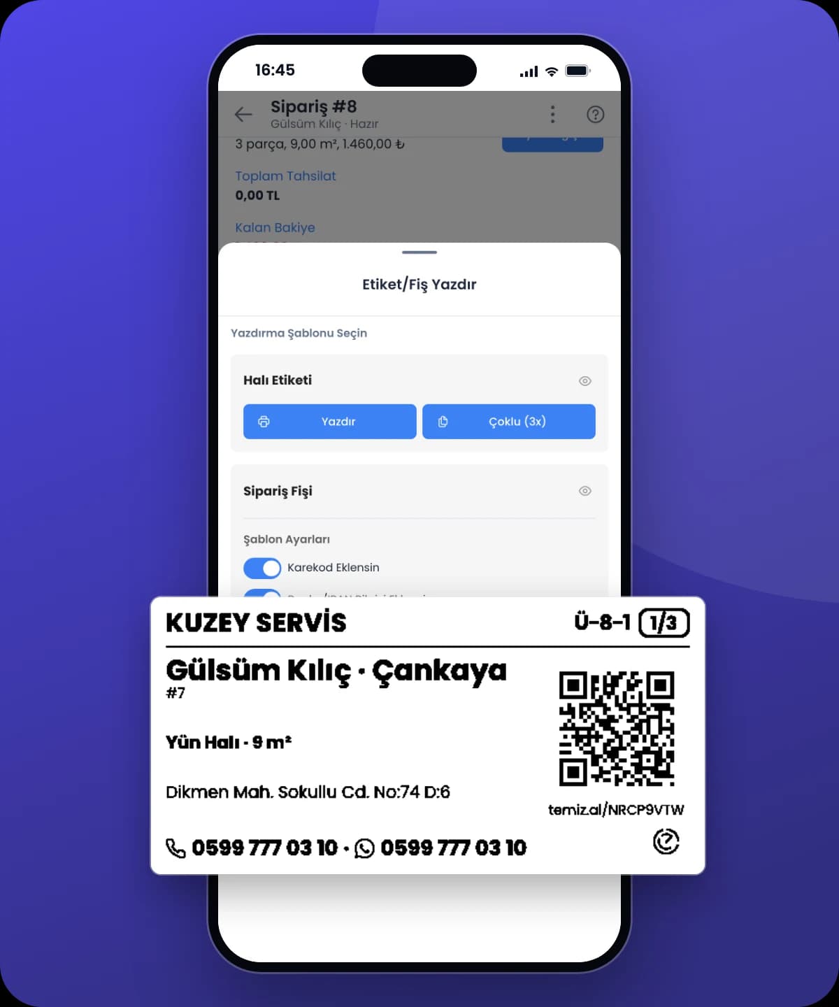 The label for rug Ü-8-1 of order #8: wool rug, 9 m², the customer's address, the business's phone numbers and a QR code.