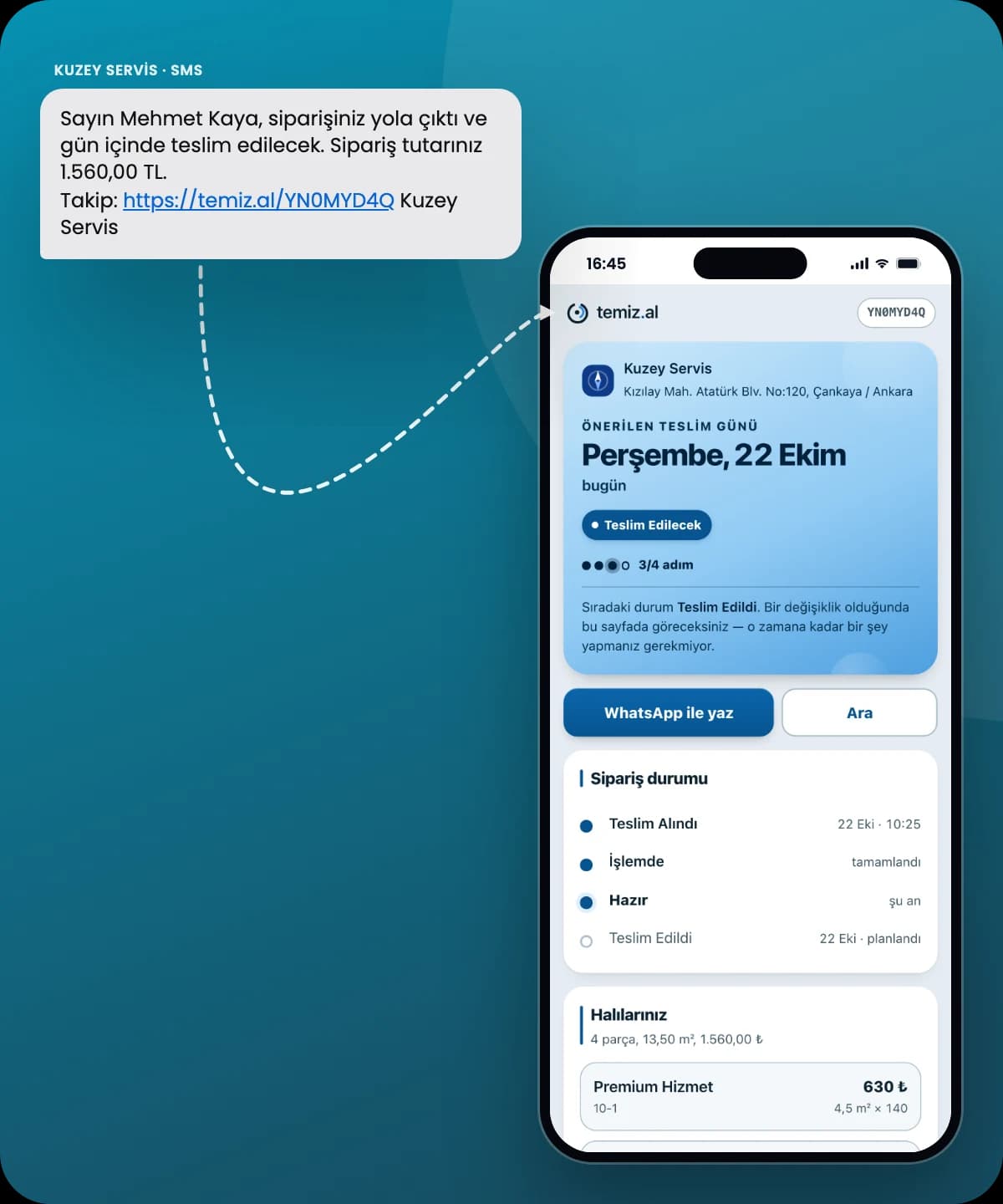 Mehmet Kaya’ya giden "siparişiniz yola çıktı" SMS’indeki bağlantıdan açılan temiz.al takip sayfası: Kuzey Servis, önerilen teslim günü 22 Ekim Perşembe ve sipariş adımları