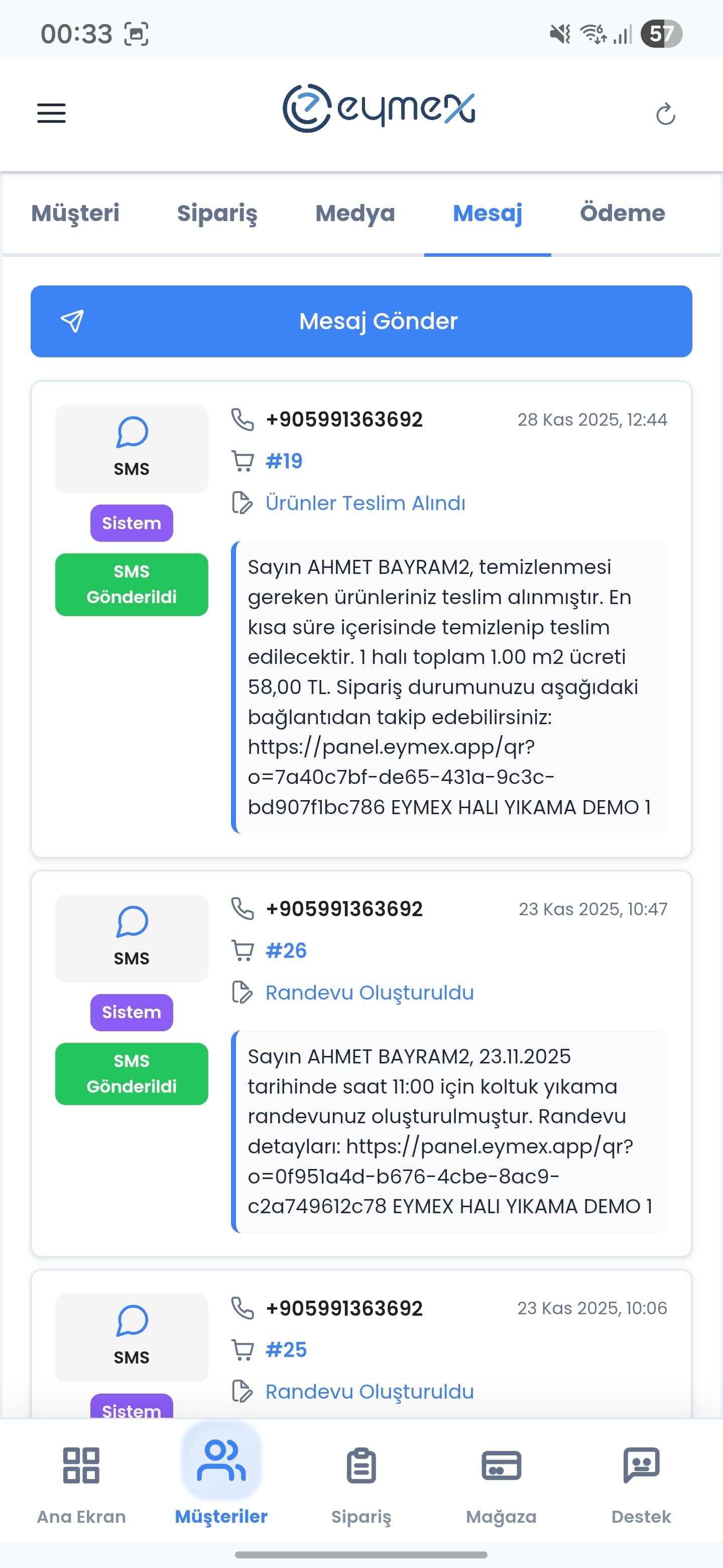 Eymex Müşteri Mesajları - SMS ve WhatsApp mesaj geçmişi