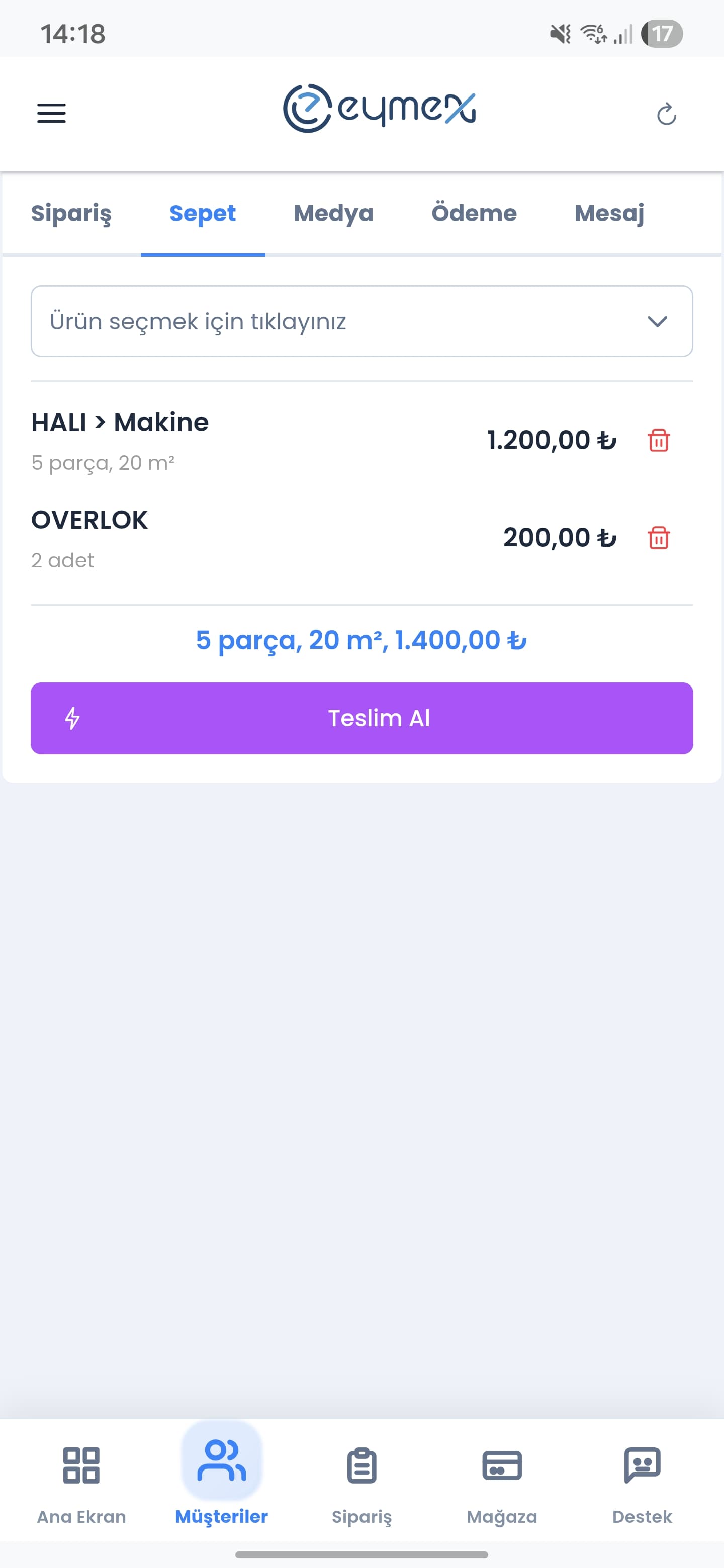 Eymex Sipariş Sepeti - Detaylı sipariş yönetimi ve ürün listesi