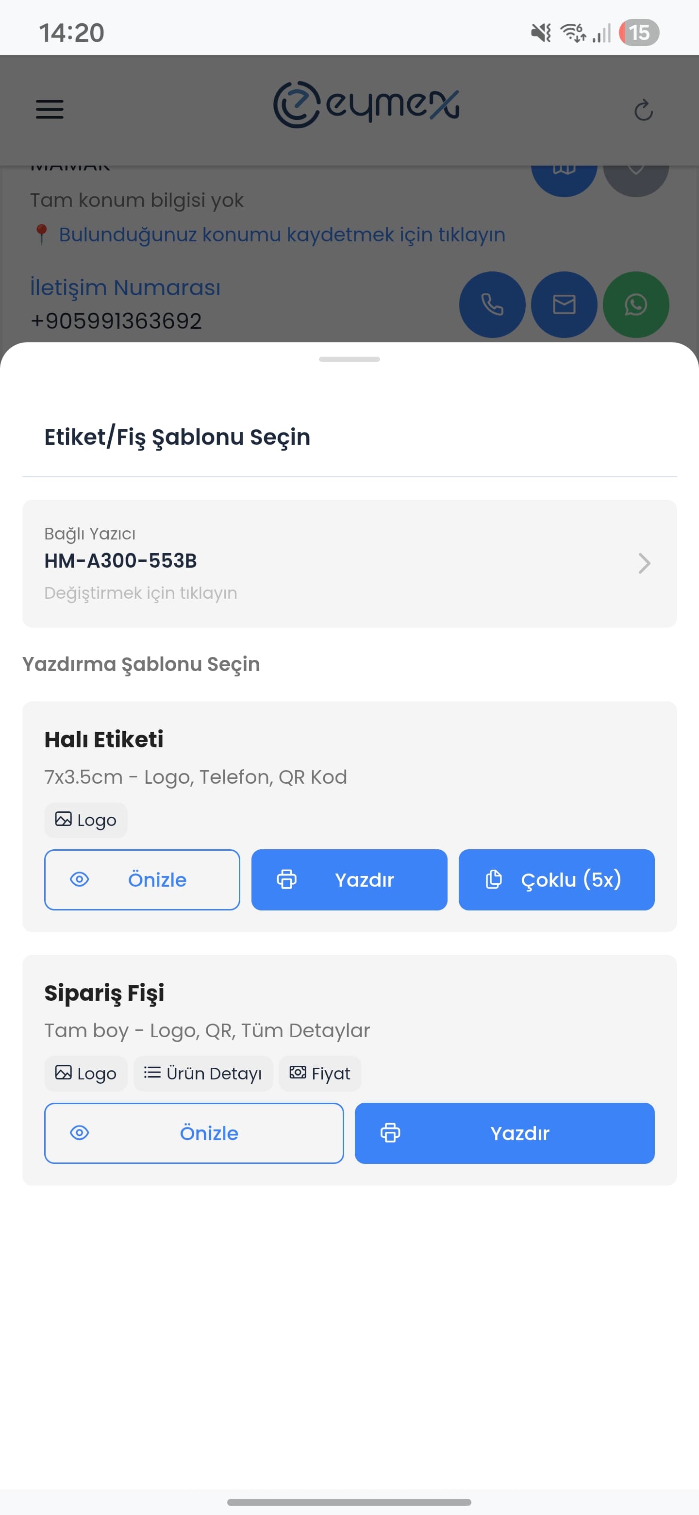 Eymex sipariş ekranında etiket ve fiş şablonu seçimi