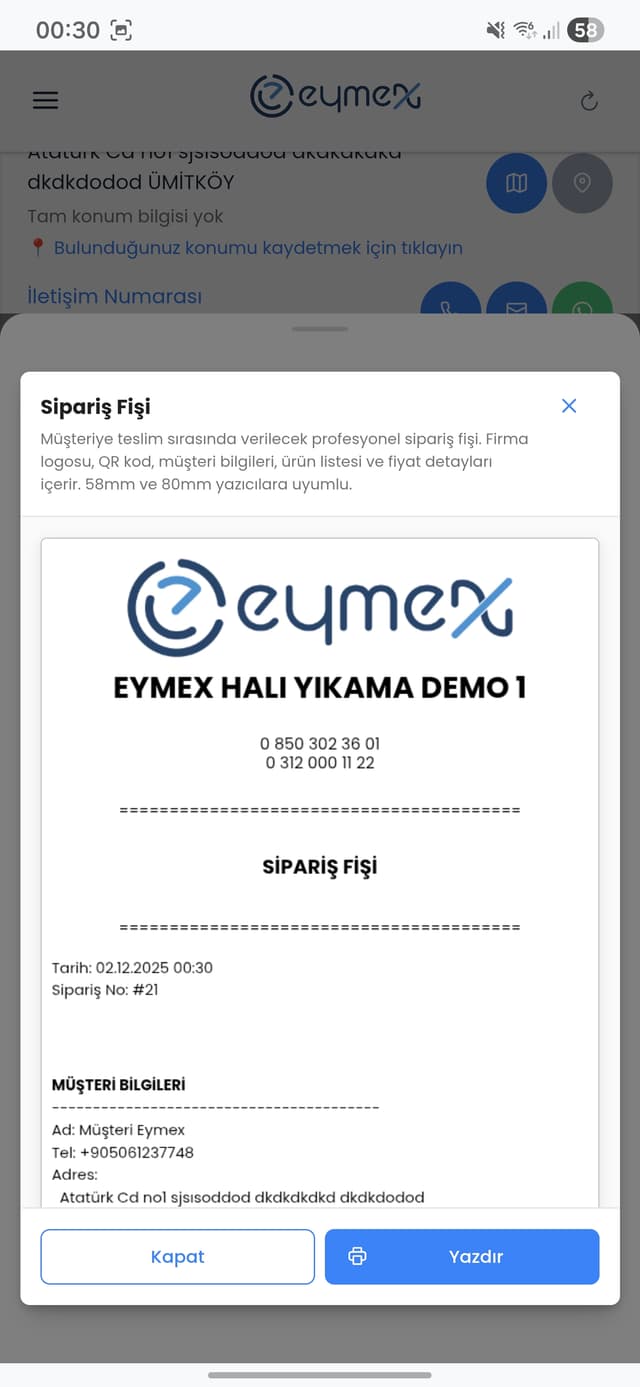 Bluetooth Yazıcı Desteği - Mobil cihazınızdan Bluetooth yazıcı ile halı etiketleri ve sipariş fişleri yazdırın. En stabil deneyim için test edilmiş yazıcıları mağazamızdan temin edebilirsiniz.