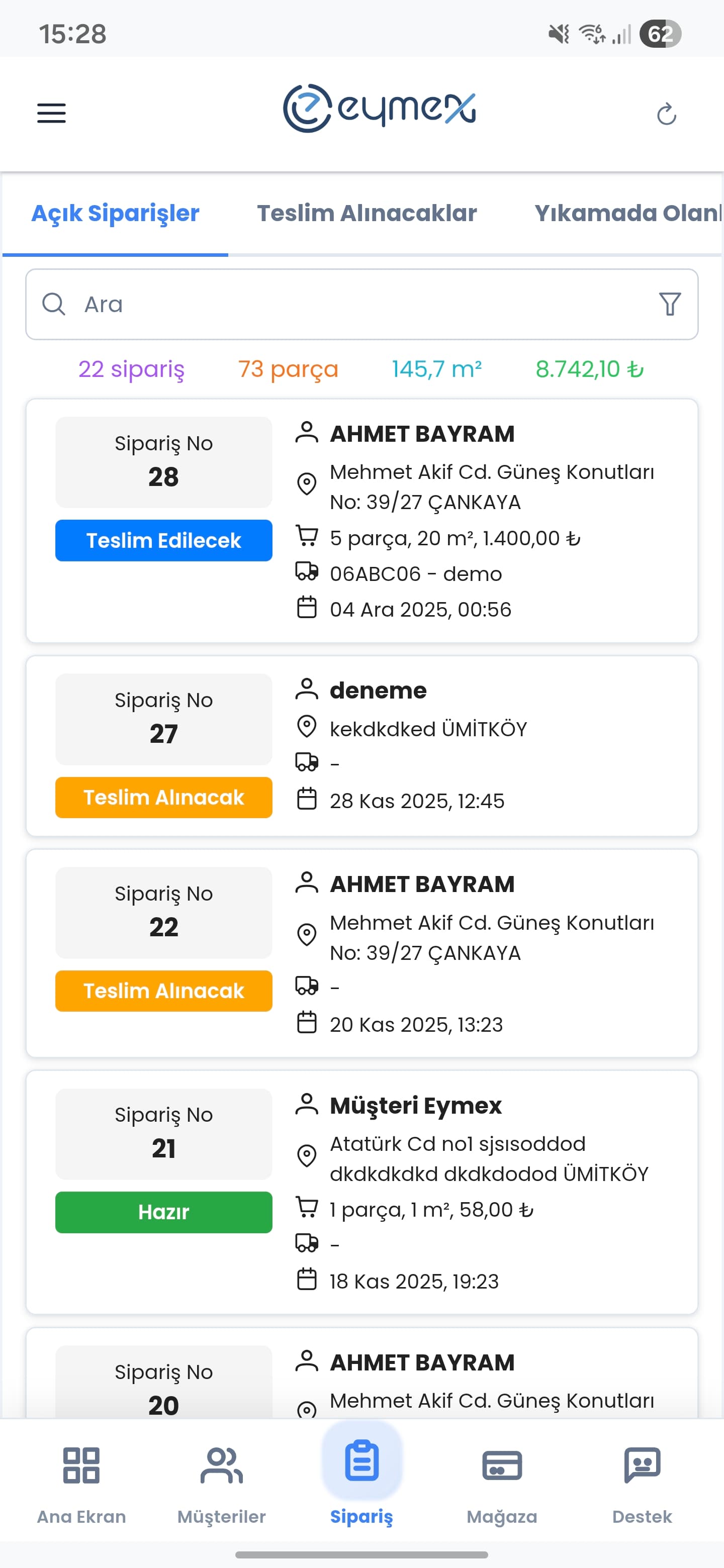 Eymex Açık Siparişler - Devam eden siparişlerin takibi