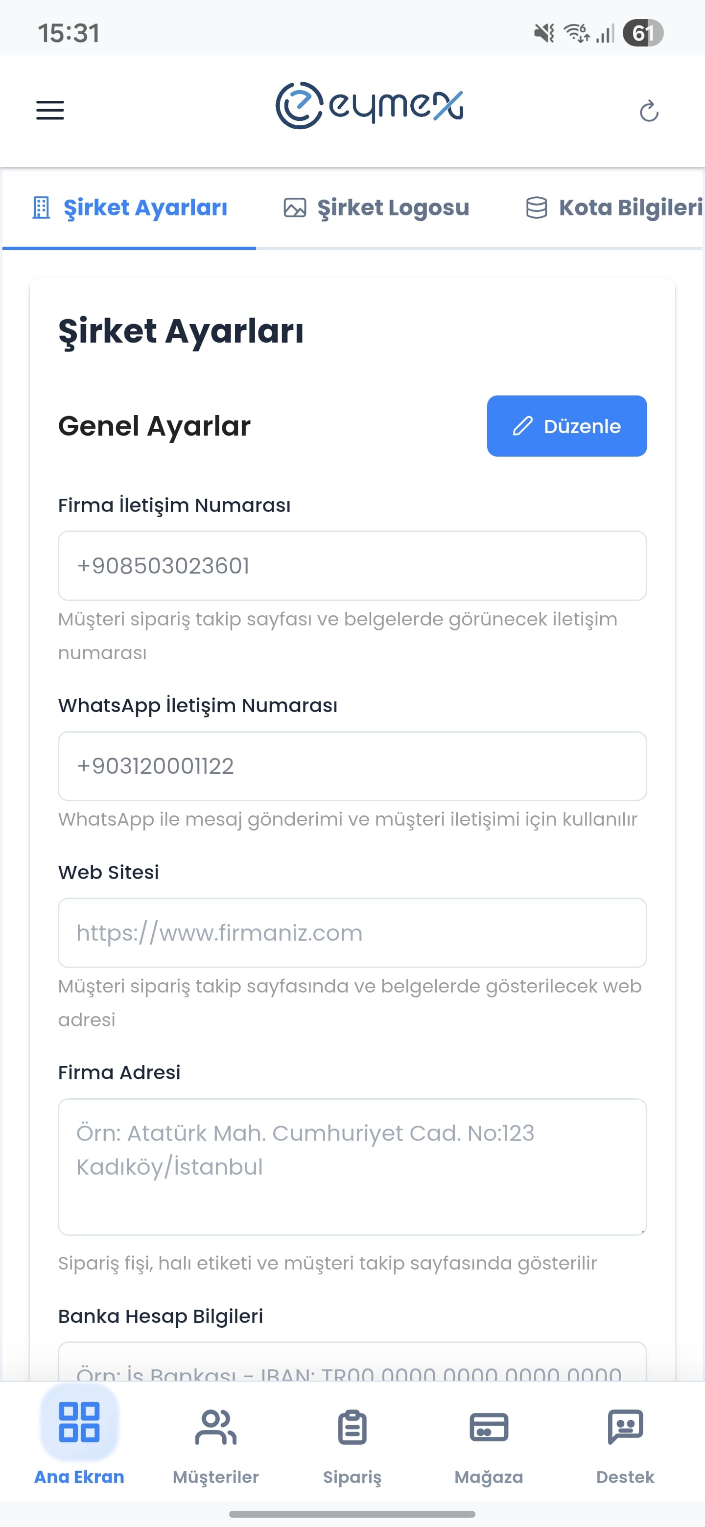 Eymex Genel Ayarlar - Firma bilgileri ve sistem ayarları