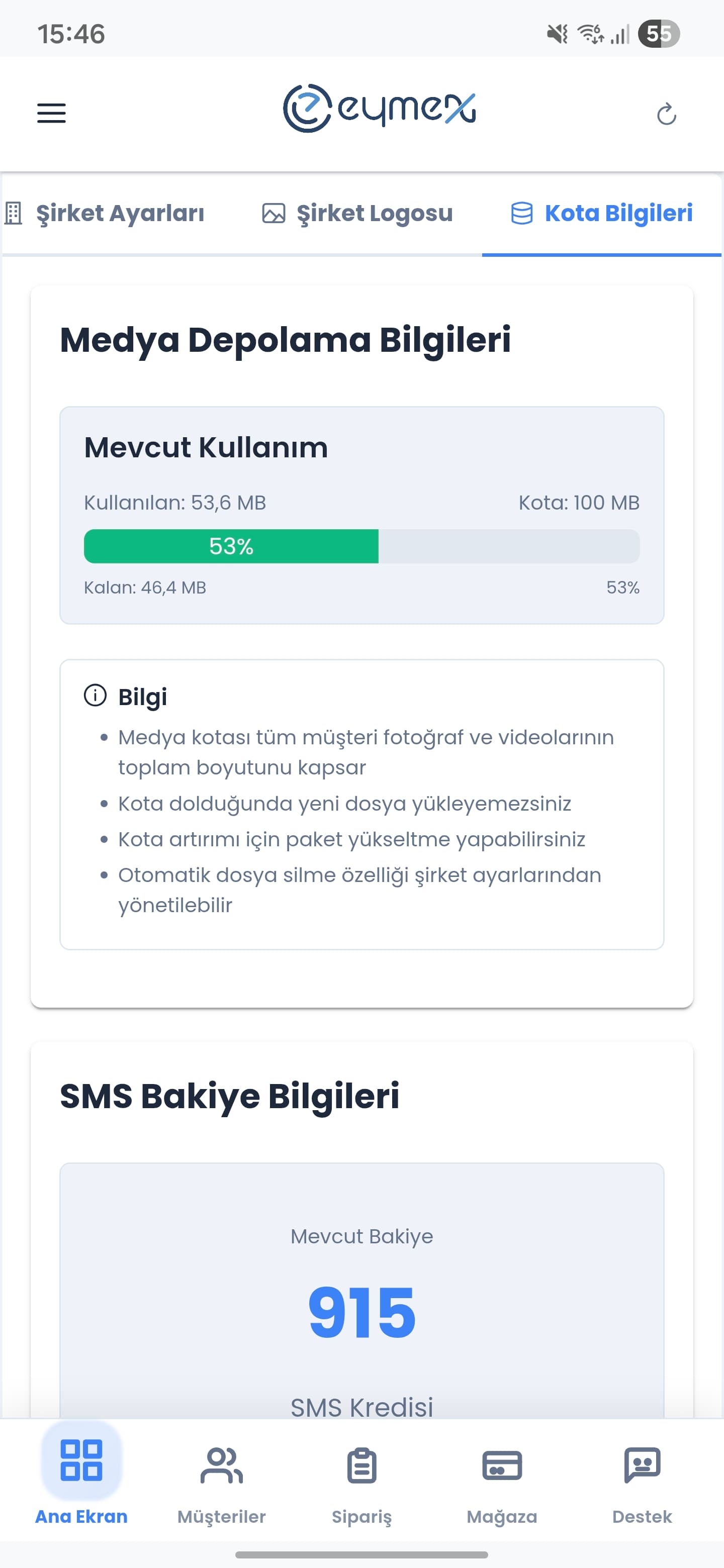 Eymex Kota Bilgileri - SMS ve depolama kota takibi