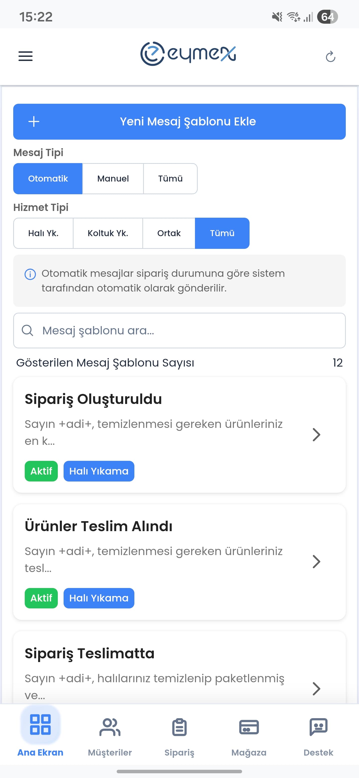 Eymex Mesaj Şablonları - Otomatik mesaj şablonları yönetimi